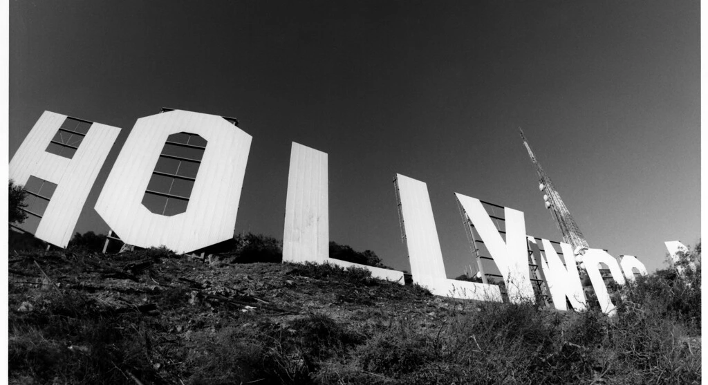 Robert Evans’s black-and-white photograph looking up at the Hollywood sign